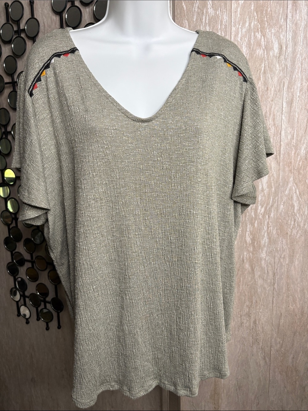 Como Vintage Light Olive V-Neck Flutter Sleeve Top with Embroidered Accents